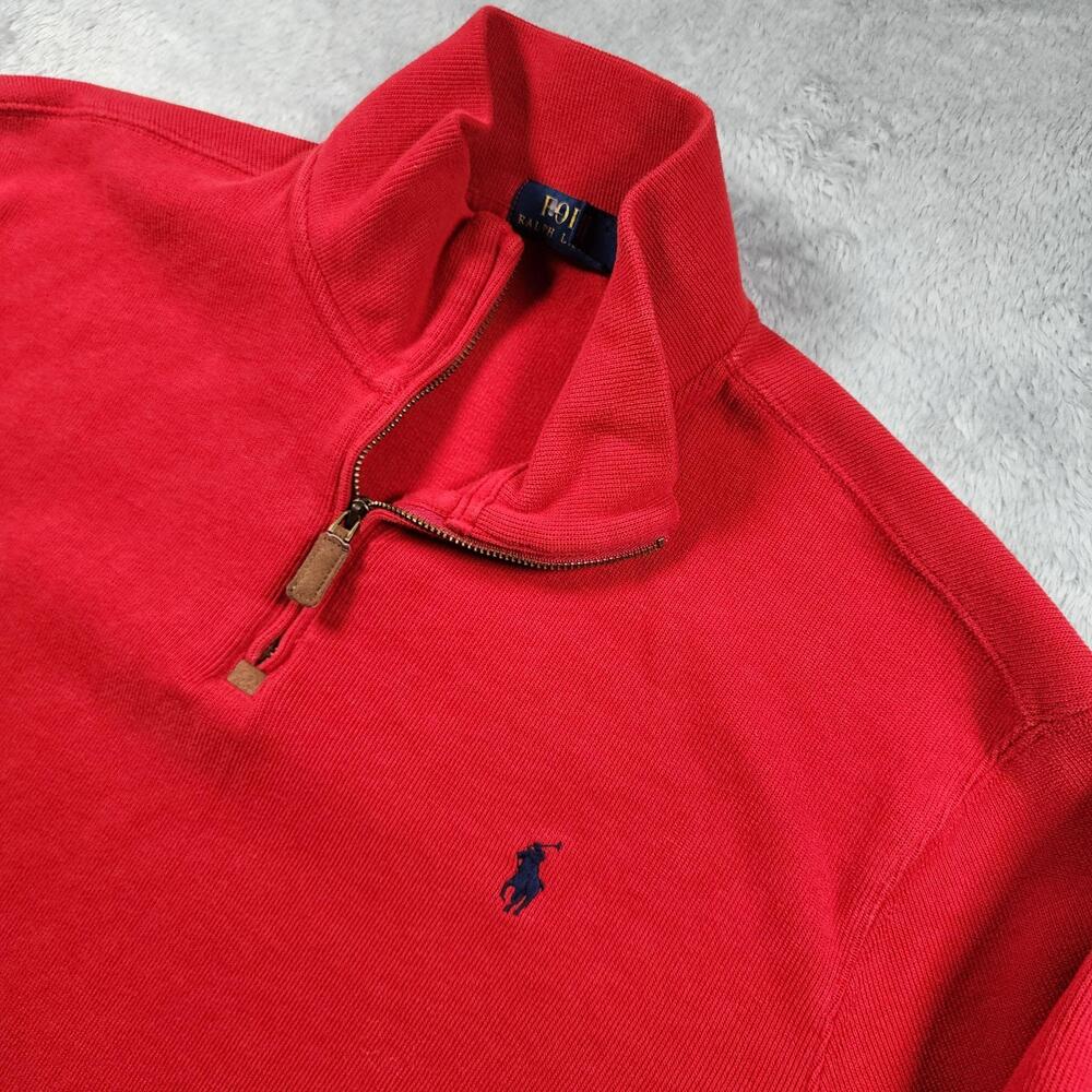 Polo Ralph Lauren Jacket Mens Large Red 1/4 Zip Knit Pullover Sweater Logo ( i -
